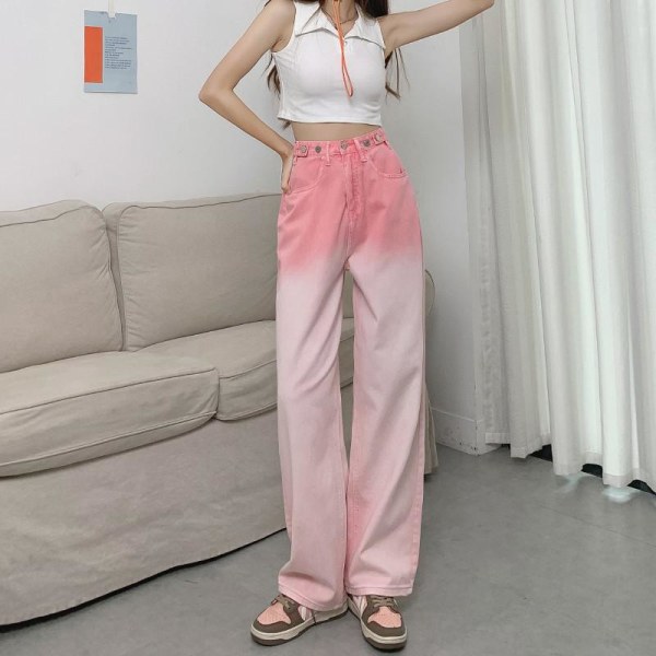 FINEWORDS 2022 Harajuku Streetwear Gradient Colors Jeans Dam hög midja Baggy jeans Lösa koreanska vida ben Casual jeansbyxor Pink L