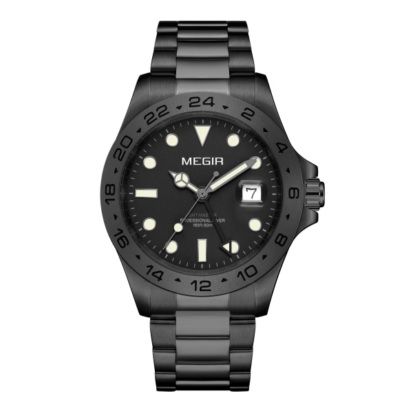 MEGIR Klockor Ny lyx Business Watch Mode Quartz Clock Calendar Rostfritt stål Mansur Reloj Hombre 8404 BlackSilver