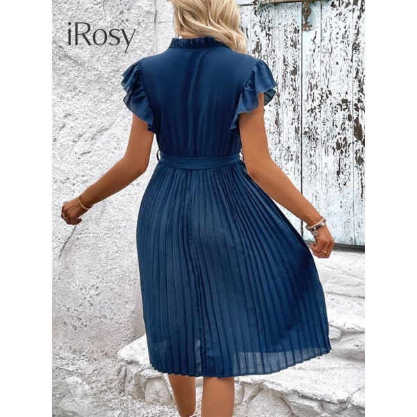 Elegant midi plisserad klänning för kvinnor Blå volangärm Elastisk midja klänning med bälte Kvinnlig sommarkläder Festoutfit blue S