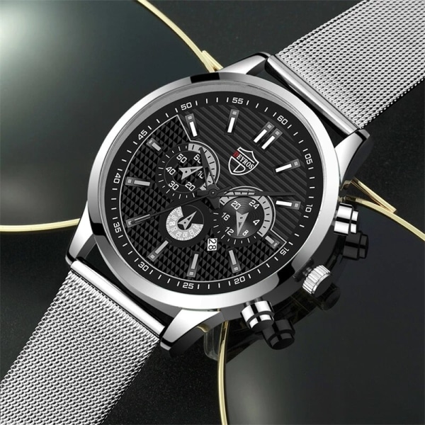 Märke Herrmode Business Kalenderklockor Rostfritt stål Mesh -bälte Analog Quartz Armbandsur Manlig Läderklocka LeatherBlackSilver