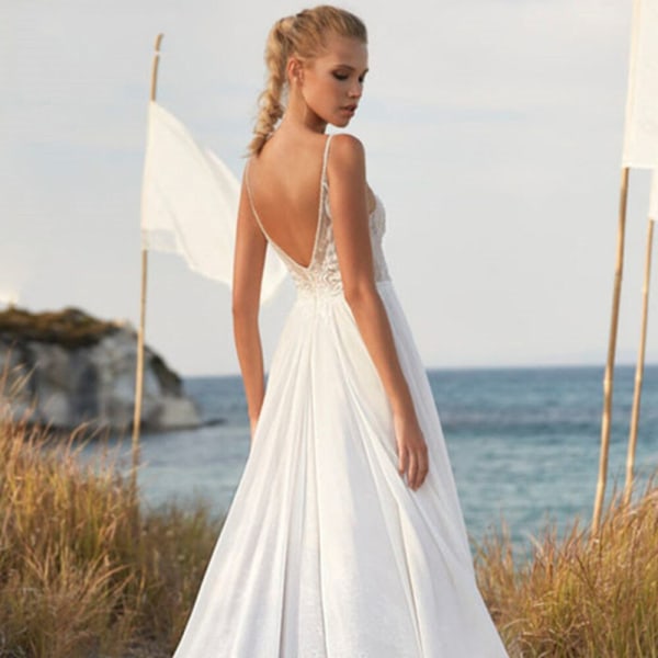Boho High Split Chiffong Bröllopsklänning 2023 V-ringad Spets Applikationer Ärmlös strandbrudklänning Rygglös A-linje Vestidos De Novia white 2