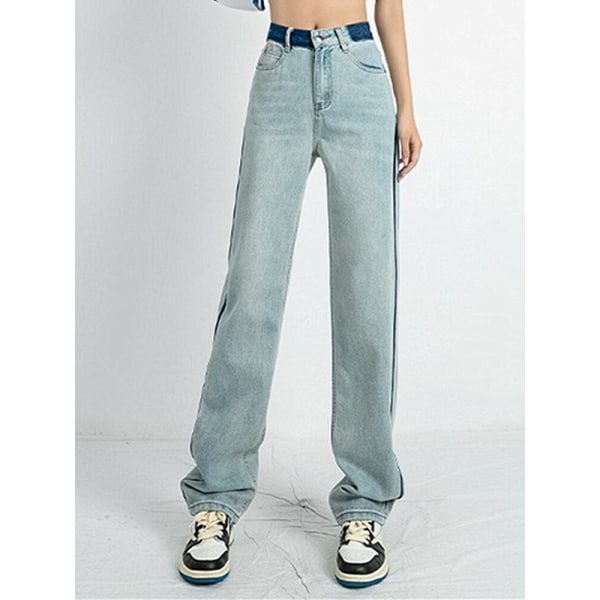 FINORD Sömnad Färg Vintage tvättade jeans med vida ben Dam koreanska Casual Streetwear-jeans med hög midja Lösa blå jeansbyxor Blue XS