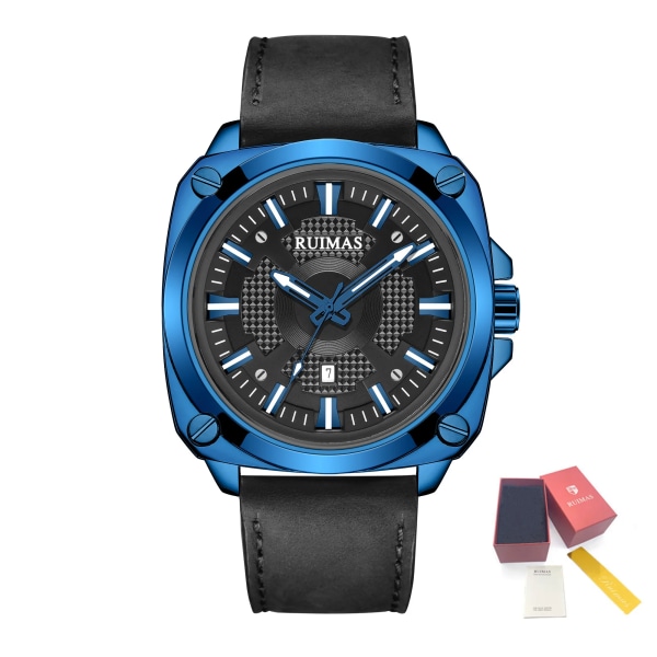 RUIMAS Sports Quartz Armbandsur för män Vattentät Luminous Läderband med Auto Datum BlueBlack