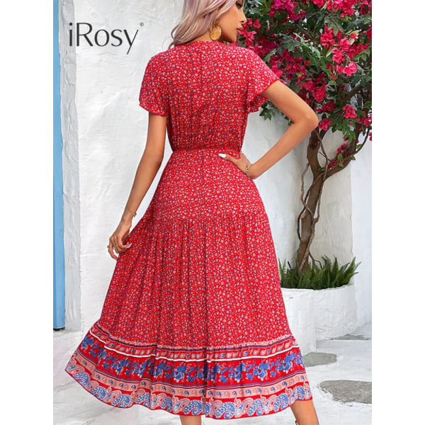 Sommar Maxi Boho strandklänningar för kvinnor 2023 Vintage hög midja Elegant grön blommig lång bohemisk klänning redfloral M