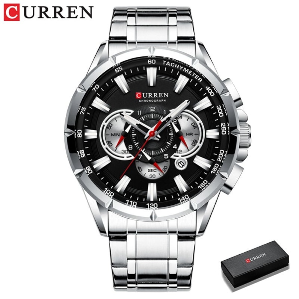 CURREN Watch Casual Sport Chronograph Armband i rostfritt stål Stor urtavla Quartz Vattentät självlysande klocka Relogio masculino silver black box