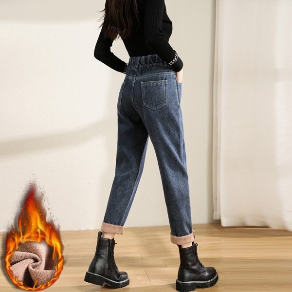 FINORD Hög midja Vinter Thicken Cashmere Jeans Dam Casual Vintage Harem Mom Jeans Lösa koreanska Streetwear Varma jeansbyxor Gray L