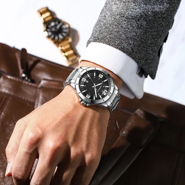 Herr lyxig kvarts klocka i rostfritt stål med automatisk datum och lysande BBRGWITHBOX