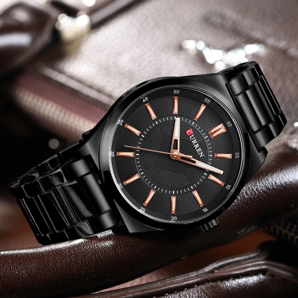 CURREN Klockor Herr Top Brand Lyx Quartz Classic Black Business Armbandsur Rostfritt stål Band Klocka Enkel black