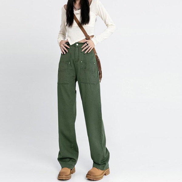 FINEWORDS 2023 Spring Army Green Vintage jeans med breda ben Dam Koreanska Casual Streetwear Punk jeans Lösa hög midja mamma jeans Green L