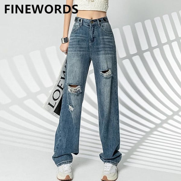 FINORDS Streetwear Coolaste Ripped Hole Raka Jeans Dam Koreanska Jeans med hög midja vid ben Baggy Casual Vintage Jeansbyxa Blue L