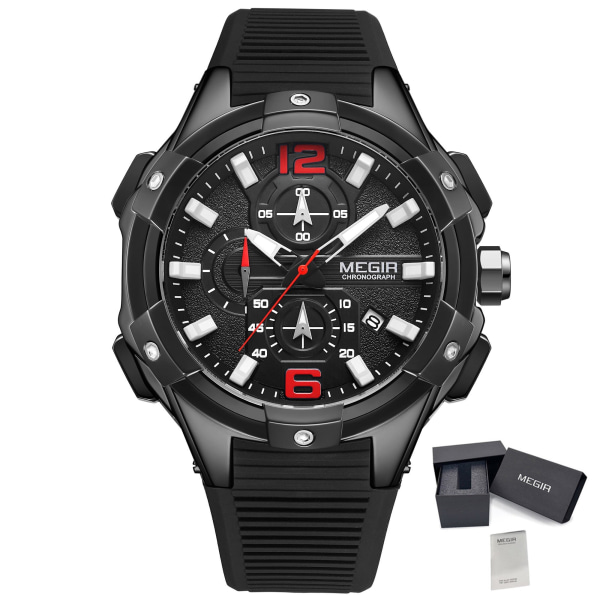 MEGIR Svart Herrklocka Silikonband Luminous Kronograf Armé Militär Sport Armbandsur Man Klocka Montre Homme Reloj Hombre Black