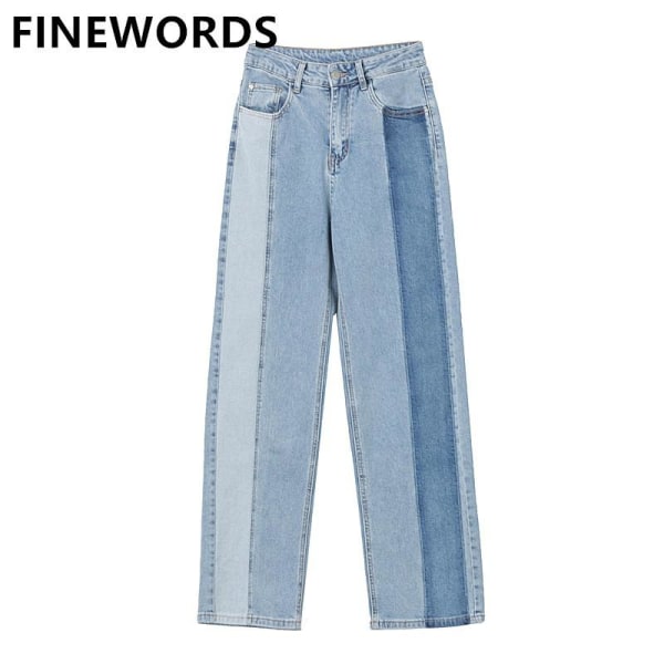 FINORD Retro Splicing Färg Raka Harajuku Jeans Hög midja koreansk stil Casual Jeans Full Längd Plus Size Lösa byxor Blue S