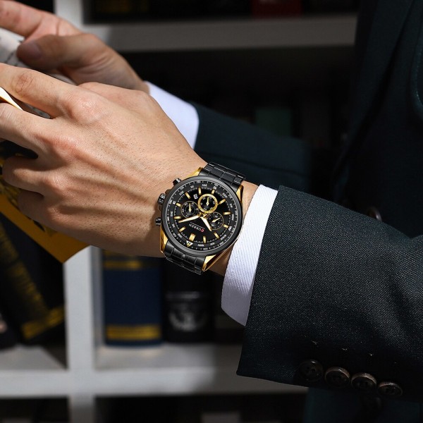 CURREN Märke Causal Sport Chronograph Herrklockor Armbandsur i rostfritt stål Big Dial Quartz Clock med självlysande pekare black