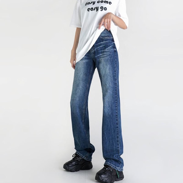FINORD Harajuku tvättade svarta raka jeans dam koreanska hög midja vid ben jeans Streetwear Baggy Casual vintage jeansbyxa Blue XL