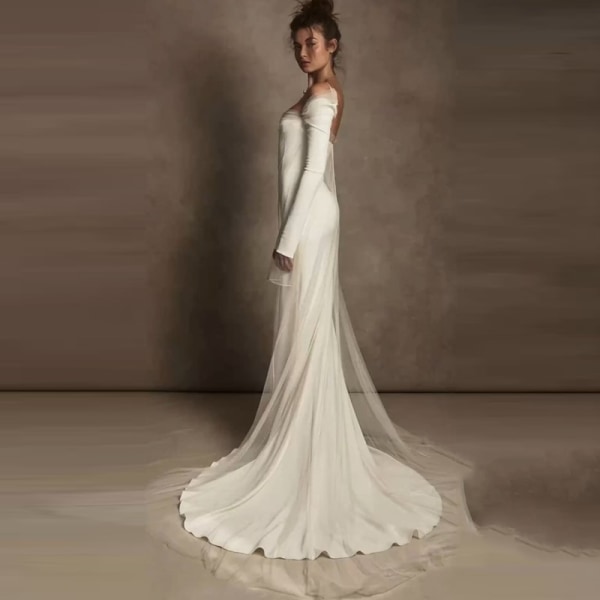 Bröllopsklänningar Klassiska Chiffong Spaghettiband Brudklänning Halv 2023 Ärmar Golvlångt Sweep Train Vestidos Do Novia white 16W