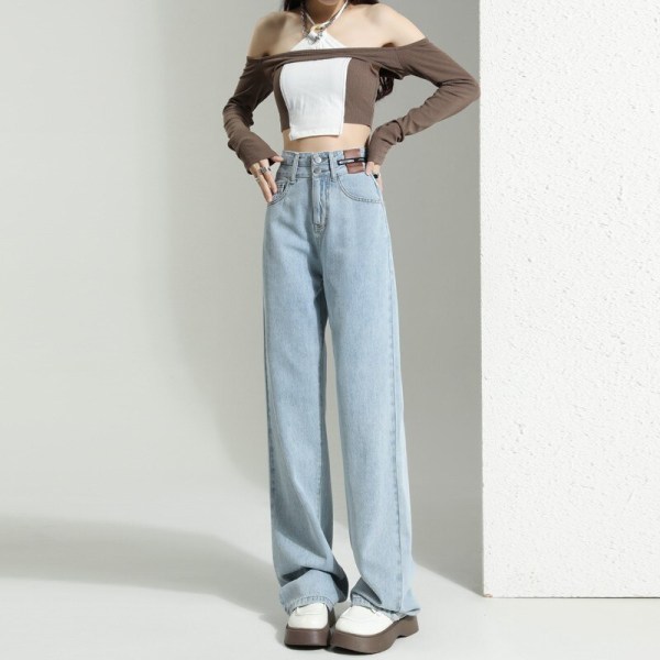 FINORD Vår Hög midja koreansk Casual Jeans med breda ben Dam Streetwear Lösa raka jeans tvättade Vintage Punk Mom Jeans Skyblue M