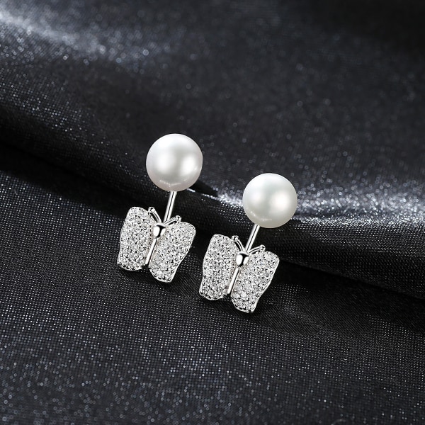 Sötvattenspärlörhängen i elegant S925 silver med zirkonstenar för kvinnor White Freshwater Pearl 925 Silver