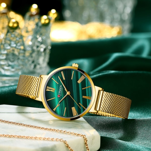 CURREN Klockor För Kvinnor Lyx Enkel Kvartsklocka i rostfritt stål Klassisk Elegant Golden Wrist's Charm Armbandsur gold green box