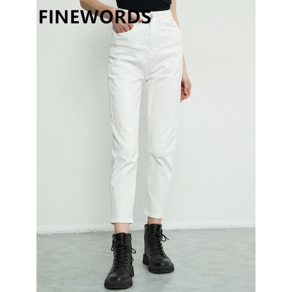FINEWORDS 2023 Nya våren vita jeans för kvinnor Casual Baggy Harem Boyfriend Jeans Hög midja Solid koreanska Streetwear Mom Jeans white 25