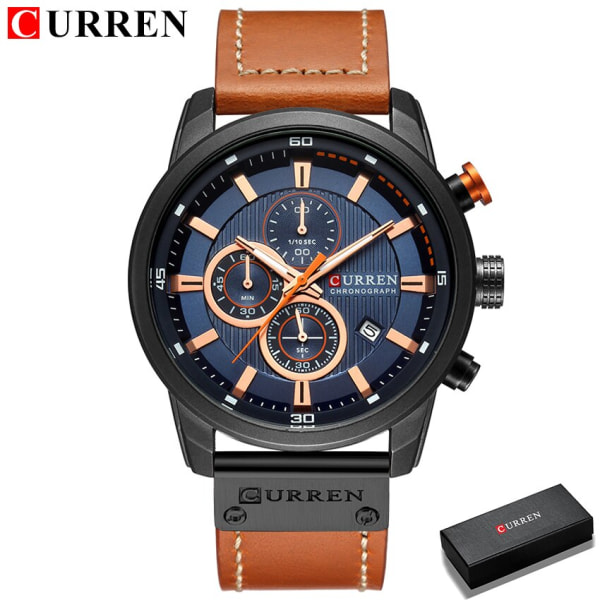CURREN Watch för män Chronograph Armbandsur Casual Läder Mode Militär Sport Herr Gentleman Quartz Clock 8291 black blue box