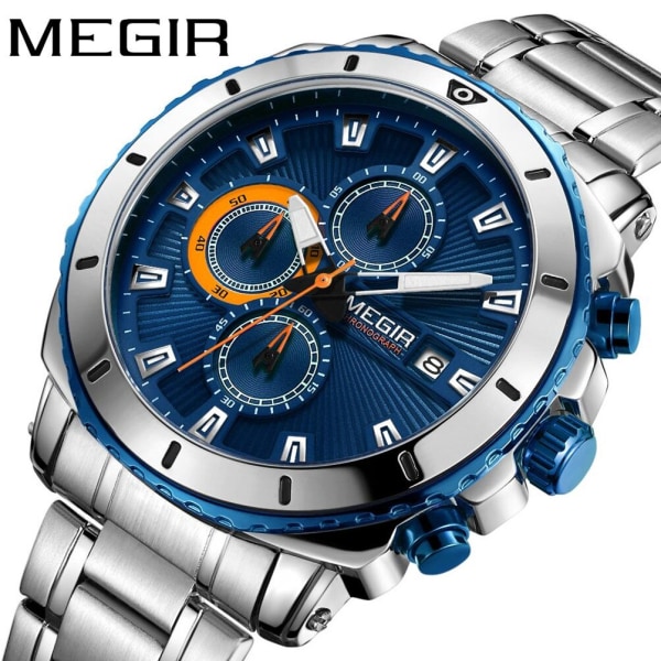 MEGIR Chronograph Quartz Watch Lyxmärke i rostfritt stål Business Armbandsur Man Klocka Timtid Relogio Masculino Blue