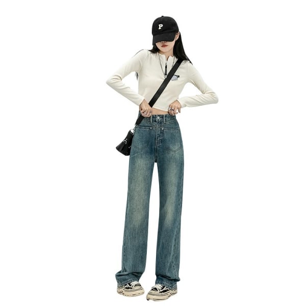 FINORD Vintage y2k dam jeans med ficka koreanska baggy jeans med vida ben Streetwear Punk vintage Casual jeansbyxor med hög midja Blue L