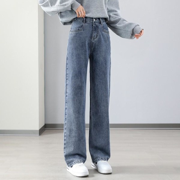 FINORD Hög midja Höst Vinter Beige Jeans med breda ben Dam Koreanska Casual Lösa Mom Jeans Streetwear Harajuku jeansbyxor Blue L