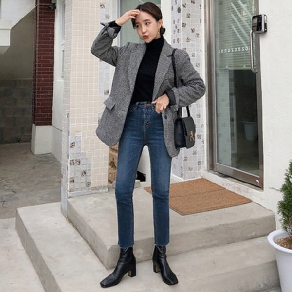 FINORDS Skinny Stretch Jeans med hög midja Kvinnor Push Up Casual Koreanska Jeans Streetwear Boot cut Jeans 2019 Höst Pencil Byxor Black 26
