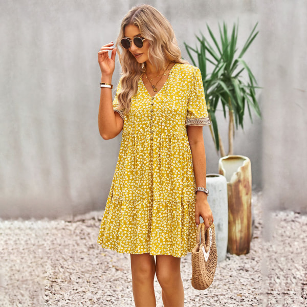 Print viskosklänning för kvinnor 2023 Elegant kortärmad klänning med foder Casual Vacation Beach Home Dress yellow XL