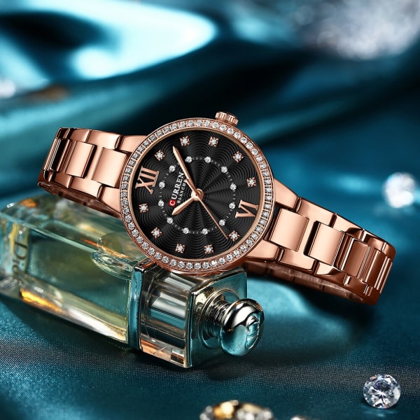 Aktuellt märke Dam Elegant Diamond Mini Quartz Watch Waterproof Rostfritt Stål Mode Sport Business Watch Relogio Feminino rose black box