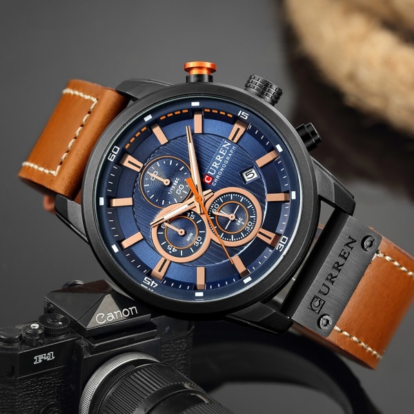 CURREN Watch för män Chronograph Armbandsur Casual Läder Mode Militär Sport Herr Gentleman Quartz Clock 8291 silver blue