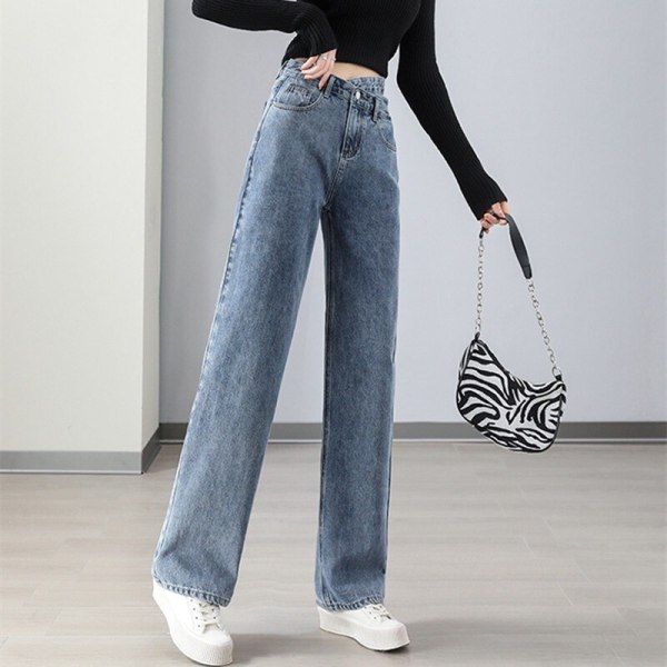 FINORD Höst Vinter Vita jeans med vida ben Kvinnor Koreanska Casual lösa jeans Streetwear Harajuku Vintage raka jeansbyxor Blue XS