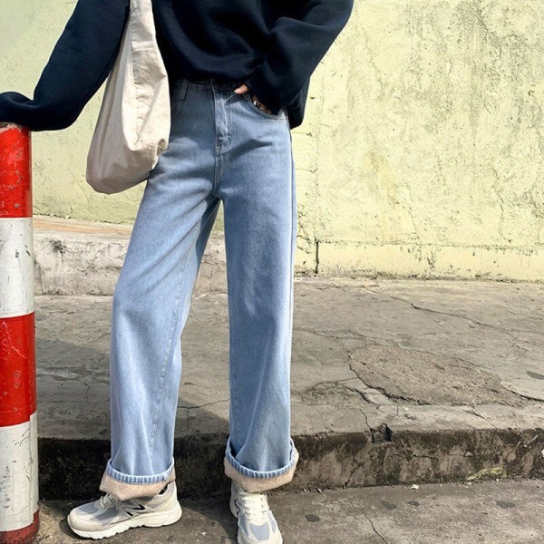 FINORD Vinter hög midja vintage blå kashmir jeans kvinnor vida ben lösa jeans koreanska streetwear jeans byxor Blue S
