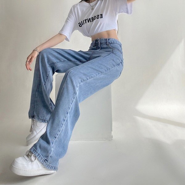 FINEWORDS 2022 Basic Style Tunna jeans med vida ben för kvinnor Koreanska vintage tvättade jeans Streetwear Casual Lösa jeans med hög midja Blue L