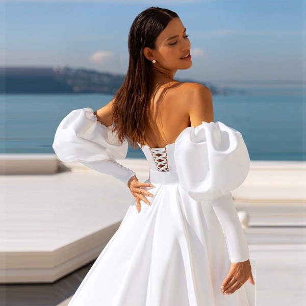 Enkla axelbandslösa A-linje organza bröllopsklänningar 2023 rygglösa brudklänningar med snörning Elegant Vestidos De Novia puffärm white 14