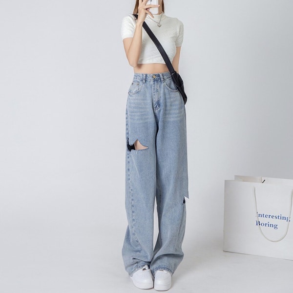 FINORD Vintage hög midja hål slitna jeans kvinnor koreanska Casual jeans med vida ben Streetwear Harajuku lösa klassiska jeansbyxor Blue XL