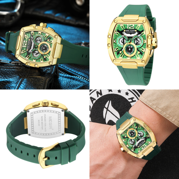 Kronograf Lyxig Sport Kvarts Klocka Herr Vattentät Luminous Silikon Casual Stor Urtavla Armbandsur Auto Datum GoldBlack
