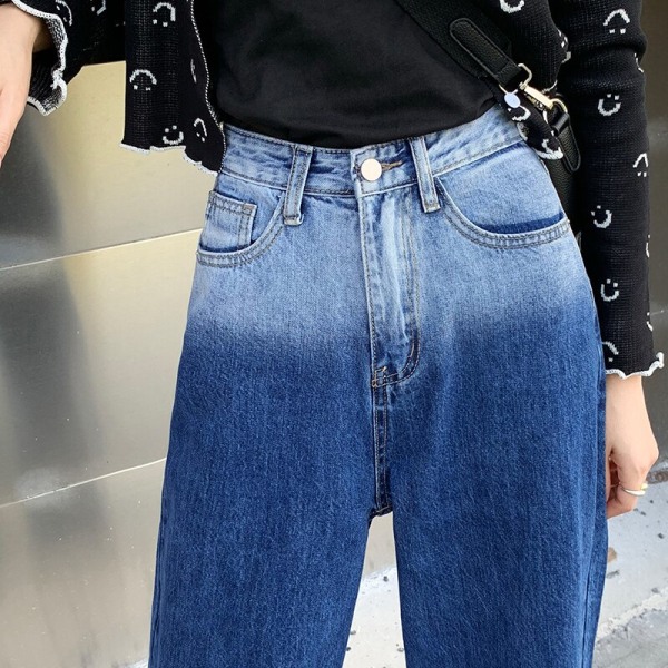 FINORD Hög midja Blå Gradient Färg Vintage Jeans Dam Lös Streetwear Koreanska Jeans Casual Basic Raka jeans Blue XS