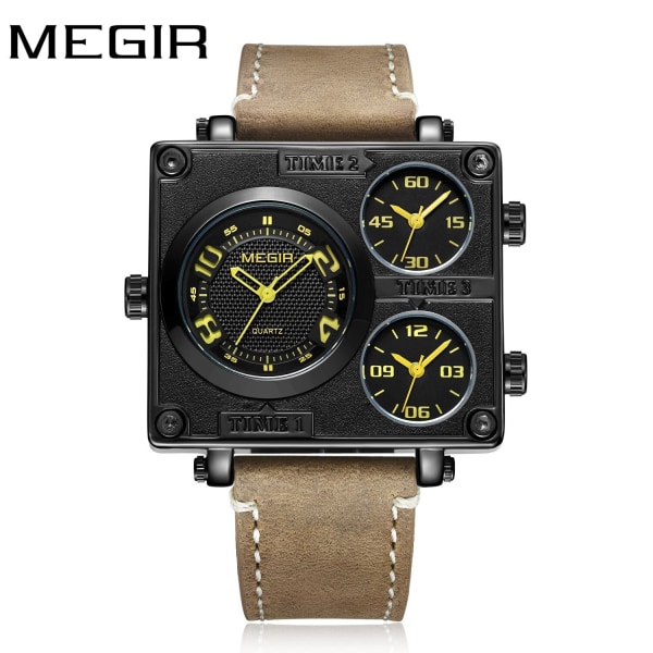 MEGIR Herrklockor Mode Casual Kvarts Fritidssport Armbandsur Läder Vattentät Man Klocka Watch Relogio Masculino 2069 SilverBrown