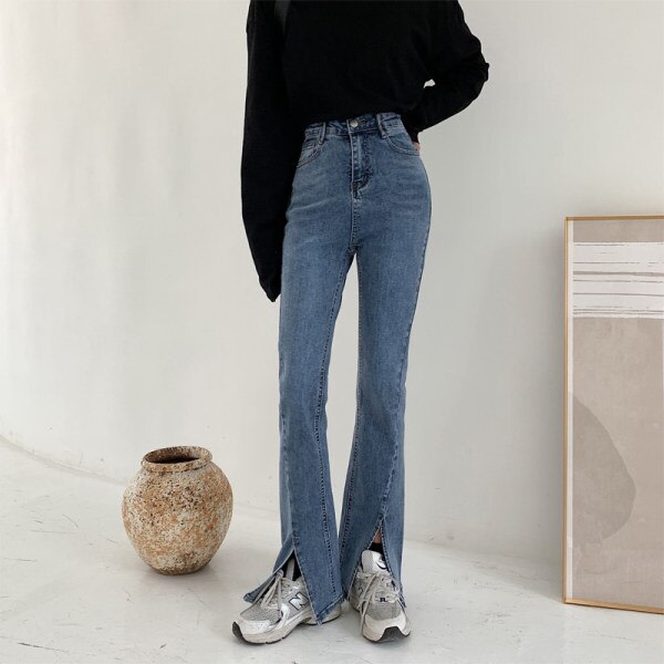 FINORD Koreansk vår Svart Split Bell Bottom Jeans Dam Hög Midja Skinny Flare Jeans Push Up Stretch Vintage Casual Jeans Black XL