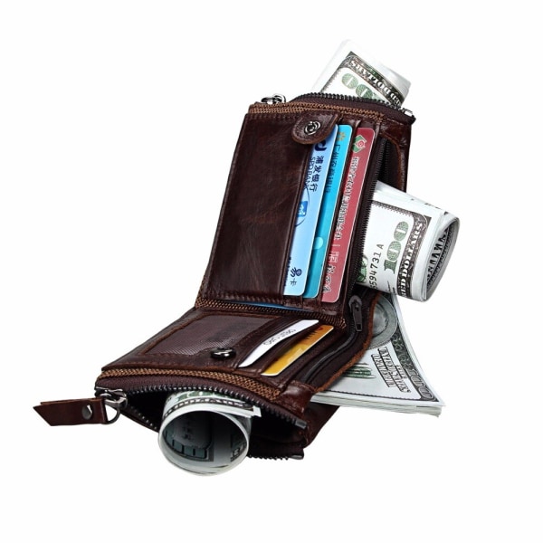 Hot Sale Crazy Horse Plånböcker för män i äkta läder Vintage plånbok i äkta läder för män cowboy med dubbel dragkedja plånbok hane Coffee