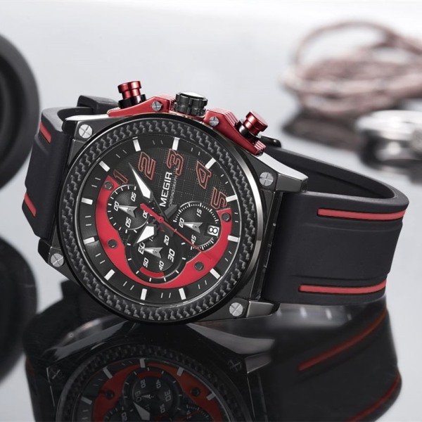 MEGIR Chronograph Watch Herr Militära armbandsur i silikon Vattentät datumklocka Toppmärke Quartz Watch Reloj Hombre 2051 Red