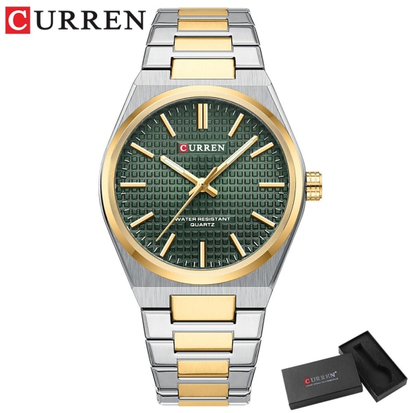 CURREN Watch för män Enkelt lysande handmode Lyxmärke Quartz Watch Casual Rostfritt stål Vattentät armbandsur golden green box