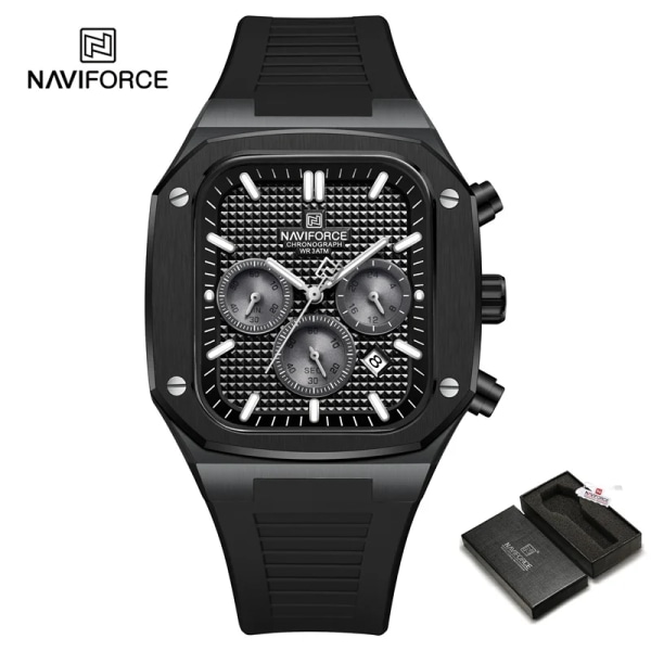 NAVIFORCE Herrklockor Silikonband Kvarts Kvadratisk Armbandsur Vattentät Luminous Kronograf Datum Klocka BBBWITH BOX