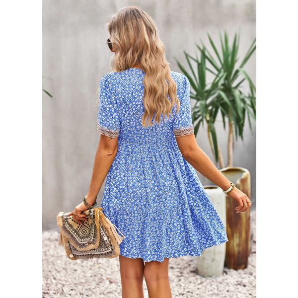 Kvalitet blå blommig viskos klänning för kvinnor 2023 sommar elegant kortärmad fritidshemsklänning med foder Gratis frakt blue S