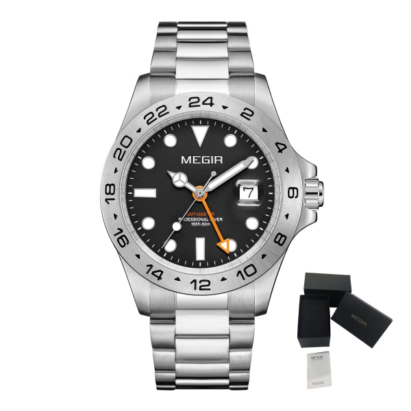 MEGIR Klockor Ny lyx Business Watch Mode Quartz Clock Calendar Rostfritt stål Mansur Reloj Hombre 8404 BlackSilver