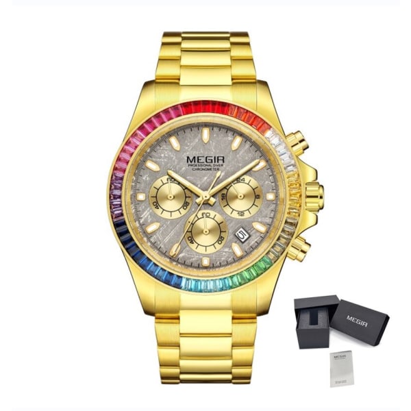 MEGIR Herrklockor Top Brand Luxury Business Armbandsur Rostfritt stål Vattentät Date Quartz Chronograph Reloj Hombre 8410 Gold