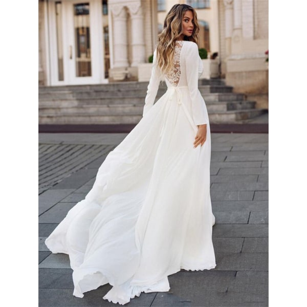 Långärmad Bröllopsklänning 2023 Satin Enkel V-ringad Applikationer Brudklänning Elegant Sashes Vintage För Kvinnor Civil Customize White 14