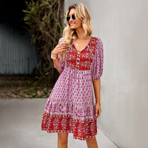 Elegant och chic design med fast mönster Kort lantenärmad bohemisk klänning för kvinnor Sommarsemesterhem Viskosklänningar Kläder pink L
