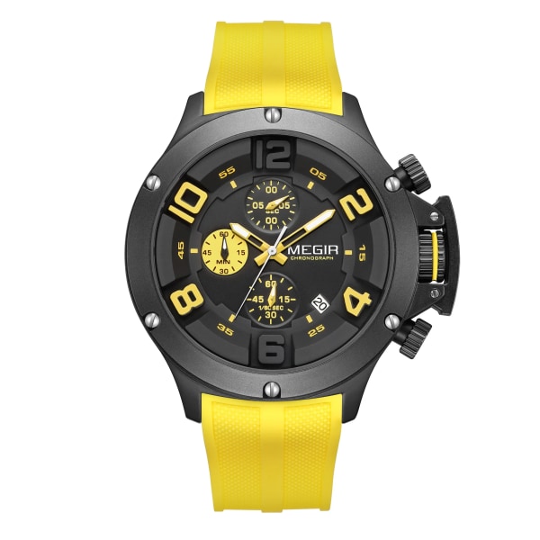 Lyxig kvartsklocka för män, gul silikonrem, militär sportklocka, kronograf med automatiskt datum BlackGreen